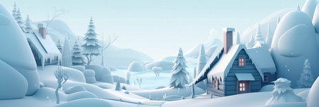 Snowy winter landscape. New Year's Christmas winter background, trees in the snow. Horizontal banner and poster, header for website. generative aiの素材
