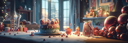 Merry Christmas and Happy new year. Christmas cozy home interior. Festive design with decorative elements. holiday season. Horizontal banner and poster, header for website. generative aiの素材