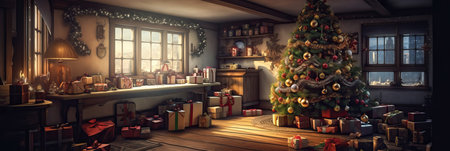 Merry Christmas and Happy new year. Christmas cozy home interior. Festive design with decorative elements. holiday season. Horizontal banner and poster, header for website. generative aiの素材