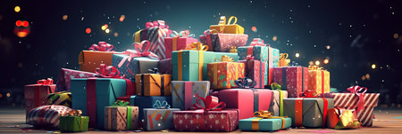 Pile of Christmas gifts box. Merry Christmas and Happy new year. Festive design with decorative elements. holiday season. Horizontal banner and poster, header for website. generative aiの素材