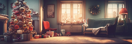 Merry Christmas and Happy new year. Christmas cozy home interior. Festive design with decorative elements. holiday season. Horizontal banner and poster, header for website. generative aiの素材