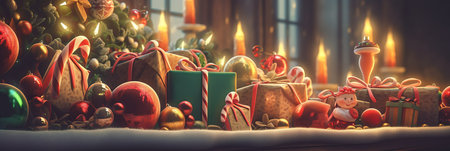 Merry Christmas and Happy new year. Festive design with decorative elements. Holiday season. Horizontal banner and poster, header for website. generative aiの素材