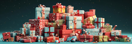 Pile of Christmas gifts box. Merry Christmas and Happy new year. Festive design with decorative elements. holiday season. Horizontal banner and poster, header for website. generative aiの素材