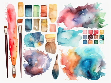 Watercolor paint splatter and paint brushes. Colorful ink stains, abstract paints splashes and wet splats. Color round or slime stain, Colorfull stain and splash. generative aiの素材