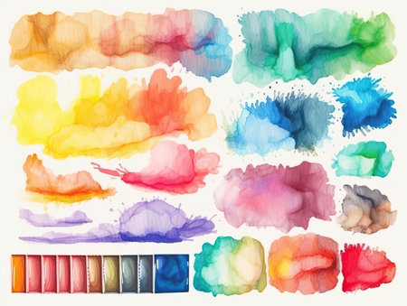 Watercolor paint splatter. Colorful ink stains, abstract paints splashes and wet splats. Color round or slime stain, Colorfull stain and splash, splat messy, inkblot splashing. generative aiの素材