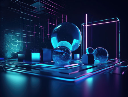 Abstract background. Minimal poster holographic reflective material, 3d rendering geometrical shapes. generative aiの素材
