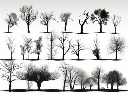Set Isolated tree on white background, silhouette shadows winter trees, The collection of trees. Collection of natural design elements trees. generative aiの素材