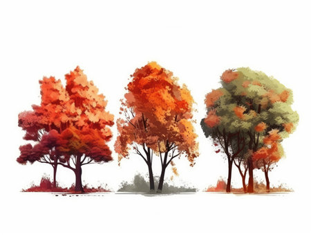 Set autumn yellow trees Isolated on white background, The collection of trees. Set of trees. Collection of natural design elements trees. generative aiの素材