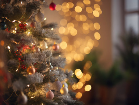 Christmas background. Decorated Christmas tree on blurred background. generative. aiの素材