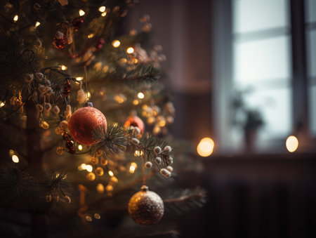 Christmas background. Decorated Christmas tree on blurred background. generative. aiの素材