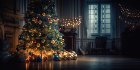 Christmas background. Decorated Christmas tree on blurred background. generative. aiの素材