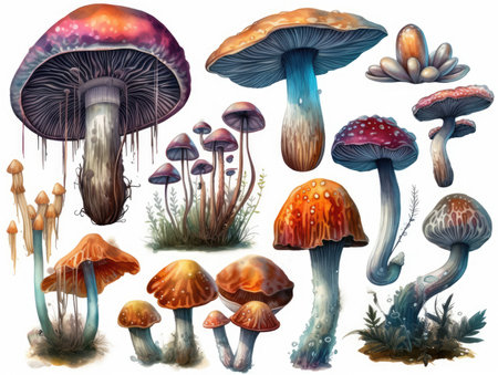 Mushrooms set of colorful different hand drawn watercolor paint. isolated on white background. generative aiの素材