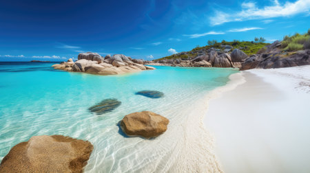 Panorama of a beautiful white sand beach and turquoise water, blue sky. Holiday summer beach background. Wave of the sea on the sand beach. generative aiの素材