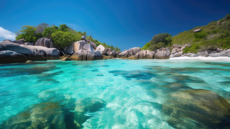Panorama of a beautiful white sand beach and turquoise water, blue sky. Holiday summer beach background. Wave of the sea on the sand beach. generative aiの素材