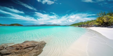 Panorama of a beautiful white sand beach and turquoise water, blue sky. Holiday summer beach background. Wave of the sea on the sand beach. generative aiの素材