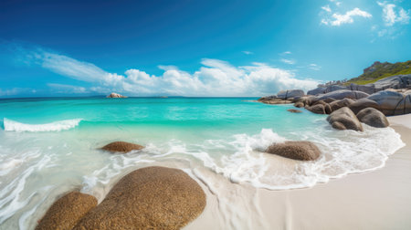 Panorama of a beautiful white sand beach and turquoise water, blue sky. Holiday summer beach background. Wave of the sea on the sand beach. generative aiの素材