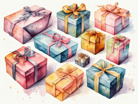 Gift boxes collection. Hand drawn watercolor gift box set isolated on white background with design elements. generative aiの素材