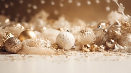 Christmas decoration bauble ball. Christmas and New Year background. Festive seasonal Christmas bright background. Holiday poster and banner, greeting card. generative aiの素材