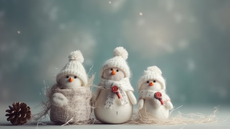Snowmen cute christmas. Christmas and New Year background. Festive seasonal Christmas bright background. Holiday poster and banner, greeting card. generative aiの素材