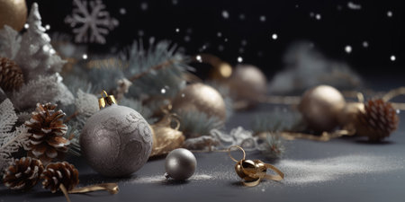 Christmas decoration bauble ball. Christmas and New Year background. Festive seasonal Christmas bright background. Holiday poster and banner, greeting card. generative aiの素材