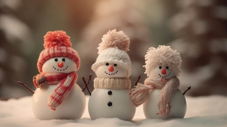 Snowmen cute christmas. Christmas and New Year background. Festive seasonal Christmas bright background. Holiday poster and banner, greeting card. generative aiの素材