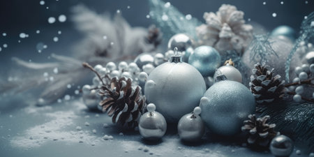 Christmas decoration bauble ball. Christmas and New Year background. Festive seasonal Christmas bright background. Holiday poster and banner, greeting card. generative aiの素材