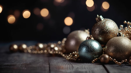 Christmas decoration bauble ball. Christmas and New Year background. Festive seasonal Christmas bright background. Holiday poster and banner, greeting card. generative aiの素材
