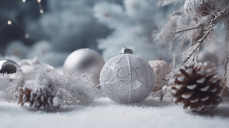 Christmas decoration bauble ball. Christmas and New Year background. Festive seasonal Christmas bright background. Holiday poster and banner, greeting card. generative aiの素材