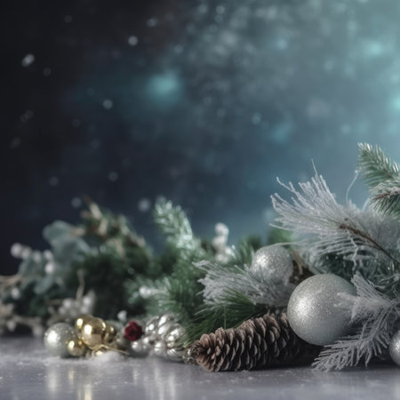 Christmas decoration bauble ball. Christmas and New Year background. Festive seasonal Christmas bright background. Holiday poster and banner, greeting card. generative aiの素材