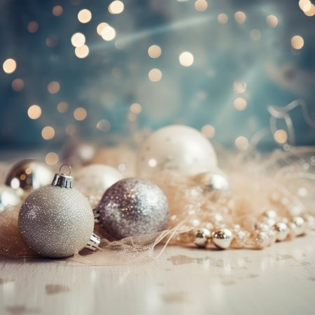 Christmas decoration bauble ball. Christmas and New Year background. Festive seasonal Christmas bright background. Holiday poster and banner, greeting card. generative aiの素材