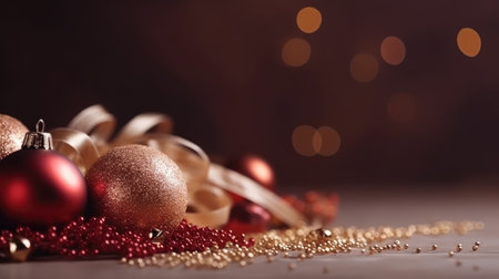 Christmas decoration bauble ball. Christmas and New Year background. Festive seasonal Christmas bright background. Holiday poster and banner, greeting card. generative aiの素材