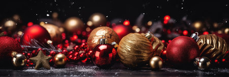 Christmas decoration bauble ball. Christmas and New Year background. Festive seasonal Christmas bright background. Holiday poster and banner, greeting card. generative aiの素材