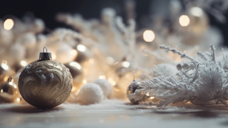 Christmas decoration bauble ball. Christmas and New Year background. Festive seasonal Christmas bright background. Holiday poster and banner, greeting card. generative aiの素材