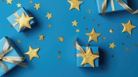 Gift box flat top view. Christmas and New Year surprise gift box. generative aiの素材