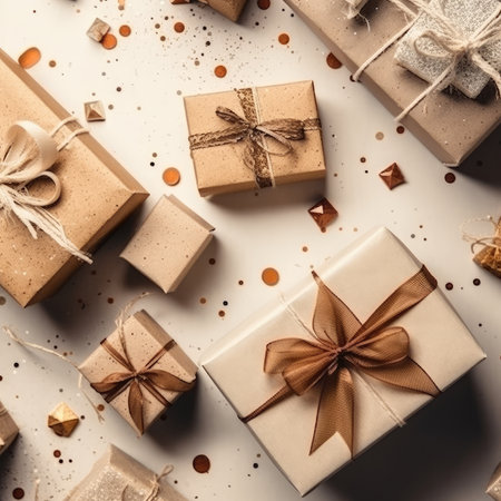 Gift box flat top view. Christmas and New Year surprise gift box. generative aiの素材