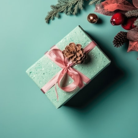 Gift box flat top view. Christmas and New Year surprise gift box. generative aiの素材