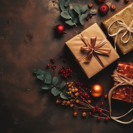 Gift box flat top view. Christmas and New Year surprise gift box. generative aiの素材