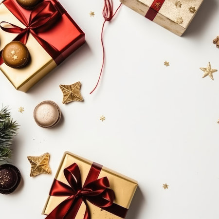 Gift box flat top view. Christmas and New Year surprise gift box. generative aiの素材