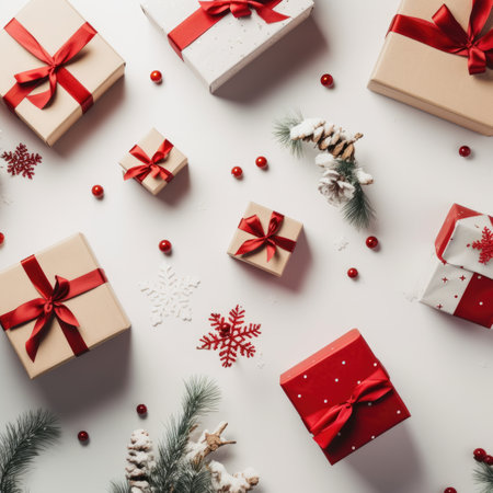 Gift box flat top view. Christmas and New Year surprise gift box. generative aiの素材
