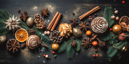 Christmas and New Year background. Festive seasonal Christmas bright background. Holiday poster and banner, greeting card. generative aiの素材