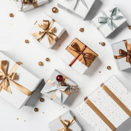 Gift box flat top view. Christmas and New Year surprise gift box. generative aiの素材