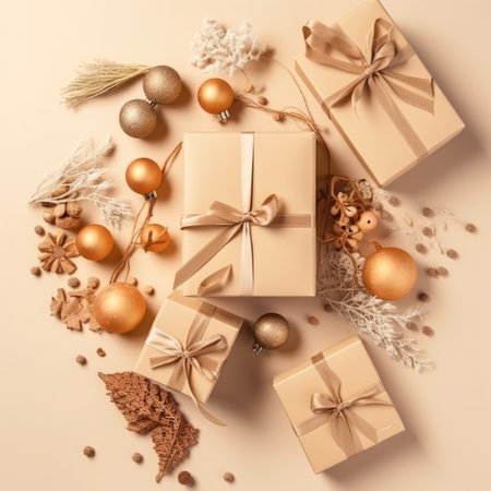 Gift box flat top view. Christmas and New Year surprise gift box. generative aiの素材