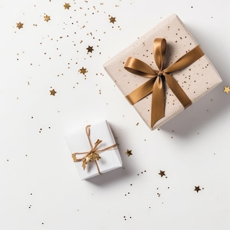 Gift box flat top view. Christmas and New Year surprise gift box. generative aiの素材
