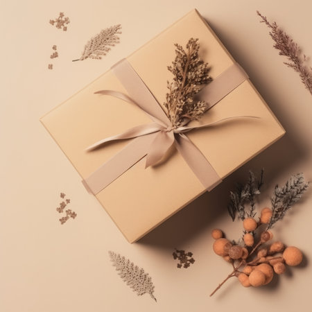 Gift box flat top view. Christmas and New Year surprise gift box. generative aiの素材