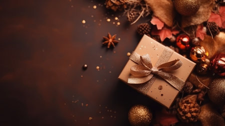 Gift box flat top view. Christmas and New Year surprise gift box. generative aiの素材