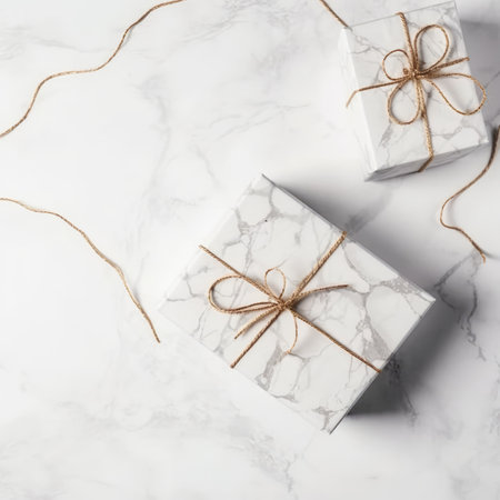 Gift box flat top view. Christmas and New Year surprise gift box. generative aiの素材