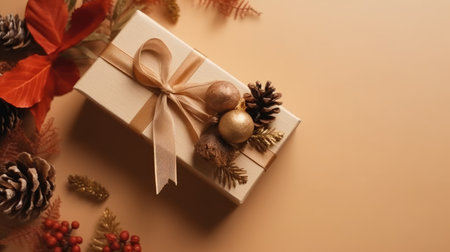 Gift box flat top view. Christmas and New Year surprise gift box. generative aiの素材