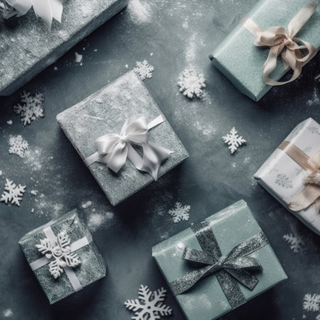 Gift box flat top view. Christmas and New Year surprise gift box. generative aiの素材