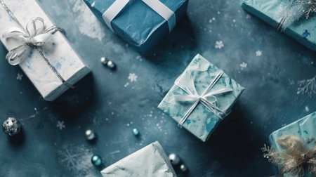 Gift box flat top view. Christmas and New Year surprise gift box. generative aiの素材