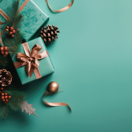 Gift box flat top view. Christmas and New Year surprise gift box. generative aiの素材